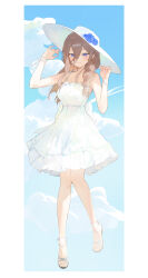 Rule 34 | 1girl, absurdres, blue sky, braid, breasts, brown hair, closed mouth, cloud, cloudy sky, dress, full body, hair between eyes, hat, highres, kji (rozo), long hair, looking at viewer, medium breasts, original, sandals, sky, smile, solo, sun hat, sundress, white dress, white hat