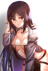 Rule 34 | 1girl, arched back, arm support, black dress, breasts, brown hair, center opening, choker, collarbone, commentary, cowboy shot, dress, earrings, fate/grand order, fate (series), fur-trimmed jacket, fur collar, fur trim, hair flip, highres, jacket, jewelry, leaning forward, long hair, looking at viewer, medium breasts, navel, parted lips, piercing, red eyes, revealing clothes, sidelocks, solo, sunhyun, very long hair, white background, yu mei-ren (fate)