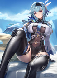 Rule 34 | 1girl, black footwear, black gloves, blue hair, blue necktie, bodystocking, boots, breasts, closed mouth, cuboon, day, detached sleeves, eula (genshin impact), genshin impact, gloves, hair ornament, hairband, high heel boots, high heels, large breasts, necktie, outdoors, sitting, sky, solo, thigh boots, thighhighs, thighs, twitter username, vision (genshin impact)