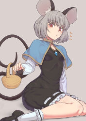 Rule 34 | 1girl, animal ears, basket, black dress, blue capelet, breasts, capelet, commentary, dress, frilled dress, frills, grey background, grey hair, highres, jewelry, kakone, long sleeves, looking at viewer, mouse (animal), mouse ears, mouse girl, nazrin, pendant, red eyes, short hair, simple background, sitting, small breasts, touhou
