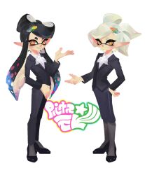 Rule 34 | 2girls, arm up, black footwear, black hair, black suit, bow-shaped hair, callie (splatoon), commentary request, cousins, eyelashes, formal, grey hair, hand on own hip, high heels, highres, inkling, liizi lc, long hair, marie (splatoon), medium hair, mole, mole under eye, multiple girls, nintendo, official alternate costume, pointy ears, short eyebrows, simple background, smile, splatoon (series), splatoon 3, star-shaped pupils, star (symbol), suit, symbol-shaped pupils, teeth, tentacle hair, thick eyebrows, white background