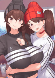 Rule 34 | 2girls, adidas, alternate costume, beanie, black hat, black shirt, breast lift, breasts, brown eyes, brown hair, choker, closed mouth, coffee, coffee cup, cup, denim, disposable cup, drinking straw, franham, hair between eyes, hand on own chest, hat, highres, hug, huge breasts, indoors, jeans, jewelry, kaga (kancolle), kantai collection, long hair, looking at viewer, multiple girls, navel, open mouth, pants, pink lips, reaching, reaching towards viewer, red choker, red hat, ring, ryuujou (kancolle), selfie, shirt, smile, striped, swept bangs, twintails, upper body, wedding band, white shirt