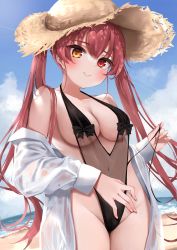 Rule 34 | 1girl, absurdres, blush, breasts, cleavage, hat, heterochromia, highres, hololive, houshou marine, kohe billialot, large breasts, long hair, looking at viewer, one-piece swimsuit, red eyes, red hair, smile, solo, swimsuit, twintails, virtual youtuber, yellow eyes