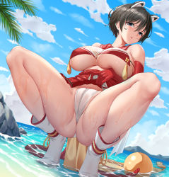 Rule 34 | 1girl, absurdres, animal ears, ass, black hair, blue archive, blue eyes, blue sky, breasts, cameltoe, chitu hefeng zhong, cleft of venus, cloud, cloudy sky, day, elbow gloves, gloves, highres, large breasts, looking at viewer, outdoors, panties, red gloves, red sailor collar, red skirt, sailor collar, short hair, skirt, sky, socks, solo, spread legs, squatting, thighs, tsubaki (blue archive), underboob, underwear, wet, white panties, white socks