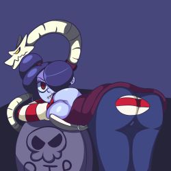 Rule 34 | 1girl, ass, ass cutout, bent over, blue hair, blue skin, breast press, breasts, clothing cutout, colored skin, dress, from behind, hair over one eye, highres, huge breasts, iggybomb, leviathan (skullgirls), looking at viewer, panties, pantyshot, red eyes, shiny clothes, shiny skin, sideboob, skullgirls, smile, squigly (skullgirls), striped clothes, striped panties, tombstone, torn clothes, torn dress, underwear