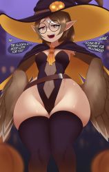 Rule 34 | 1girl, absurdres, belt, black cape, black leotard, black thighhighs, breasts, brown feathers, brown hair, cameltoe, cape, center opening, commentary, covered navel, english commentary, english text, evelyn (kibix1), fang, feathered wings, feathers, hair ornament, hairclip, halloween, hands on own hips, harpy, hat, highres, kt80at, laughing, leotard, long hair, monster girl, multicolored hair, navel, open mouth, orange cape, orange eyes, original, pointy ears, pumpkin hat ornament, round eyewear, small breasts, speech bubble, streaked hair, thighhighs, two-tone cape, white hair, wide hips, winged arms, wings, witch hat