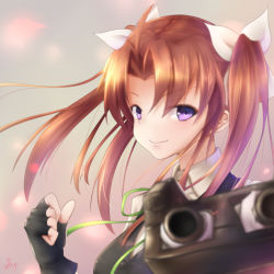 Rule 34 | 1girl, ahoge, aiming, aiming at viewer, black gloves, black vest, blurry, blurry foreground, brown hair, collared shirt, commentary, dated, depth of field, dress shirt, eyes visible through hair, fingerless gloves, floating hair, from side, gloves, green ribbon, hair ribbon, hand up, highres, kagerou (kancolle), kagerou kai ni (kancolle), kantai collection, long hair, looking at viewer, looking to the side, neck ribbon, purple eyes, ribbon, school uniform, seiya (iiseven), shirt, sidelocks, signature, solo, turret, twintails, upper body, vest, white ribbon, white shirt