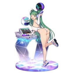 Rule 34 | 1girl, armpits, ass, blue eyes, breasts, brown dust 2, dj, drone, elbow gloves, eyebrows hidden by hair, gloves, graphic equalizer, green hair, hair ornament, hairclip, headphones, highres, holding, holding headphones, large breasts, long hair, looking at viewer, mixing console, monitor, official art, one-piece swimsuit, one eye closed, open mouth, second-party source, smile, solo, standing, standing on one leg, swimsuit, table, teeth, twintails, upper teeth only, venaka (brown dust 2), very long hair, white gloves, white one-piece swimsuit