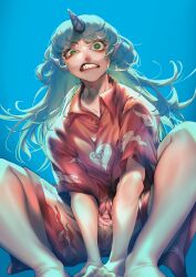 Rule 34 | 1girl, absurdres, blue background, curly hair, fangs, green hair, highres, horns, komano aunn, long hair, paw pose, red shirt, shirt, shorts, simple background, single horn, solo, touhou, yamazaki tsukune