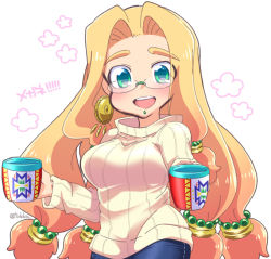 Rule 34 | 1girl, :d, aztec, beads, bespectacled, blonde hair, blue pants, blush, breasts, chin piercing, cup, denim, earrings, eyebrows, eyes visible through hair, fate/grand order, fate (series), glasses, green eyes, hair beads, hair intakes, hair ornament, holding, holding cup, jeans, jewelry, large breasts, long hair, long sleeves, looking at viewer, low-tied long hair, open mouth, pants, piercing, quetzalcoatl (fate), ribbed sweater, rimless eyewear, smile, solo, sweater, teeth, tsukko (3ki2ne10), turtleneck, turtleneck sweater, twitter username, very long hair, white sweater