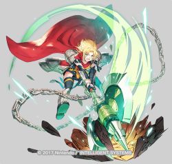Rule 34 | 1girl, afterimage, amelia (fire emblem), arm guards, armor, axe, blonde hair, blue thighhighs, bob cut, cape, chain, commentary request, copyright name, crater, debris, elbow gloves, fire emblem, fire emblem: the sacred stones, fire emblem heroes, gauntlets, gloves, glowing, glowing weapon, greaves, green eyes, grey background, hip armor, holding, holding axe, huge weapon, jumping, miniskirt, nintendo, official alternate costume, official art, open mouth, pauldrons, red cape, sandals, short hair, shoulder armor, simple background, skirt, solo, taroji, thighhighs, watermark, weapon, yellow skirt, zettai ryouiki