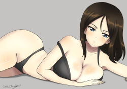 Rule 34 | 1girl, :o, bikini, black bikini, black hair, blue eyes, breasts, bukkuri, cleavage, commentary request, dated, girls und panzer, grey background, highres, large breasts, long hair, looking at viewer, lying, nonna (girls und panzer), on side, parted lips, signature, simple background, solo, strap slip, swimsuit, wet, wide hips