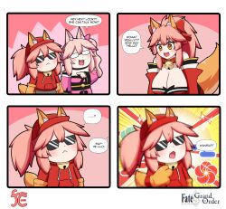 Rule 34 | !, ..., 3girls, 4koma, animal ear fluff, animal ears, animal hands, artist logo, baseball cap, bell, breasts, cat paws, cleavage, closed mouth, collar, comic, commentary, copyright name, covered eyes, drawstring, english commentary, english text, fang, fate/grand order, fate (series), fox ears, fox girl, fox tail, gloves, hair between eyes, hair ribbon, hat, highres, hood, hoodie, japanese clothes, jingle bell, keita naruzawa, kimono, koyanskaya (fate), large breasts, long sleeves, multiple girls, neck bell, open mouth, paw gloves, pink hair, pink kimono, pink ribbon, ponytail, red collar, red headwear, red hoodie, red kimono, red ribbon, ribbon, side ponytail, sidelocks, speech bubble, spoken ellipsis, spoken exclamation mark, square 4koma, sunglasses, tail, tamamo (fate), tamamo cat (fate), wide sleeves, yellow eyes