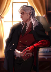 Rule 34 | 1boy, absurdres, alternate costume, bekkomi, bespectacled, black jacket, black necktie, black pants, buttons, closed mouth, collared shirt, colored skin, curtains, double-breasted, glasses, grey hair, highres, indoors, jacket, jacket on shoulders, lamp, league of legends, long hair, long sleeves, necktie, open clothes, open jacket, pants, profile, red skin, red vest, shirt, solo, striped clothes, striped jacket, striped necktie, swain (league of legends), vest, white shirt, window