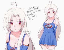 Rule 34 | 1girl, ahoge, arms behind back, artist name, bare shoulders, blue dress, breasts, cleavage, clorox, clorox-chan, collarbone, commentary, detached sleeves, dress, english text, kumaartsu, logo, long hair, looking at viewer, medium breasts, meme, multiple views, original, personification, pleated dress, red eyes, simple background, speech bubble, standing, thighhighs, very long hair, white background, white hair, white thighhighs, zettai ryouiki