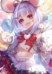 Rule 34 | 1girl, :d, animal ears, blunt bangs, brooch, commentary request, frilled skirt, frills, granblue fantasy, heart, heart brooch, jewelry, kogome (azalea4), looking at viewer, midriff, mouse (animal), mouse ears, navel, open mouth, red eyes, short hair, silver hair, skirt, smile, solo, vikala (granblue fantasy), white skirt, wide sleeves