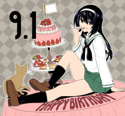 Rule 34 | 1girl, argyle, argyle background, argyle clothes, birthday, birthday cake, black hair, black socks, blouse, brown eyes, brown footwear, cake, cat, commentary request, dated, dessert, eating, english text, flag, food, food on face, girls und panzer, green skirt, grey background, hairband, happy birthday, highres, knee up, loafers, long hair, long sleeves, looking at viewer, miniskirt, neckerchief, ooarai school uniform, open mouth, outline, pleated skirt, reizei mako, sailor collar, saitou gabio, school uniform, serafuku, shirt, shoes, sitting, skirt, socks, solo, table, tiered tray, white flag, white hairband, white outline, white sailor collar, white shirt