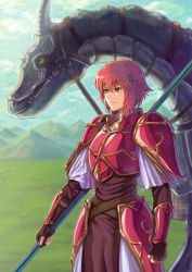Rule 34 | 1girl, armor, bad id, bad pixiv id, belt, day, dragon, fingerless gloves, fire emblem, fire emblem: mystery of the emblem, gloves, goma (goma-folio), grass, headband, minerva (fire emblem), nintendo, polearm, red armor, red eyes, red hair, serious, short hair, sky, solo, spear, weapon