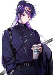 Rule 34 | 1boy, absurdres, bishounen, black nails, blonde hair, ear piercing, highres, jewelry, long hair, male focus, multicolored hair, necklace, nijisanji, nijisanji en, piercing, purple eyes, purple hair, shu yamino, simple background, solo, streaked hair, virtual youtuber, white background, yama (yamaxxxaoi)