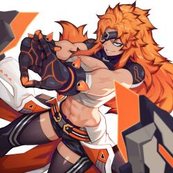 Rule 34 | 1girl, abs, absurdres, asher (omega strikers), bandages, belt, black shorts, blue eyes, breasts, collaboration, commentary, english commentary, eyepatch, gloves, highres, jimbobox, large breasts, liyart, long hair, muscular, muscular female, official art, omega strikers, orange hair, sarashi, shorts, simple background, smile, solo, spiked hair, stretching, thighhighs, thighs, white background