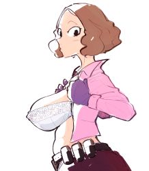 Rule 34 | 1girl, bad anatomy, belly, belt, black eyes, blouse, bra, breasts, brown hair, curly hair, explosive, gloves, grenade, hat, lace, lace-trimmed bra, lace trim, large breasts, okumura haru, persona, persona 5, pink shirt, plow (witch parfait), shirt, short hair, sideboob, solo, unbuttoned, unbuttoned shirt, underwear