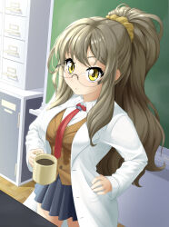 Rule 34 | 1girl, black skirt, brown hair, brown vest, chalkboard, closed mouth, coat, coffee mug, collared shirt, cup, dstears, futaba rio, glasses, hair tie, hand on own hip, highres, holding, holding cup, indoors, lab coat, long hair, looking at viewer, mug, necktie, open clothes, open coat, pleated skirt, ponytail, red necktie, school, seishun buta yarou, shirt, sidelocks, skirt, vest, white coat, white shirt, yellow eyes