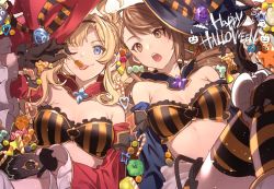 Rule 34 | 2girls, arm warmers, beatrix (granblue fantasy), bikini, bikini top only, black gloves, blonde hair, blue eyes, breasts, brown eyes, candy, candy cane, cleavage, commentary request, feb itk, food, ghost, gloves, granblue fantasy, hairband, halloween, halloween costume, happy halloween, hat, licking, light brown hair, lollipop, medium breasts, medium hair, multiple girls, open mouth, parted bangs, pumpkin, striped bikini, striped clothes, striped legwear, striped thighhighs, swimsuit, thighhighs, tongue, tongue out, twintails, witch hat, zeta (granblue fantasy)