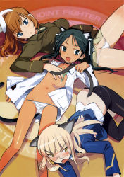 Rule 34 | 3girls, :d, absurdres, animal ears, ass, black eyes, black hair, black legwear, blonde hair, blue eyes, blush, breasts, cat ears, cat tail, charlotte e. yeager, choker, clothes pull, convenient censoring, dark-skinned female, dark skin, fang, francesca lucchini, glasses, hair ribbon, hand on another&#039;s chest, highres, leg up, long hair, lying, multiple girls, navel, on back, on stomach, open clothes, open mouth, open shirt, orange hair, panties, panties under pantyhose, pantyhose, pantyhose pull, perrine h. clostermann, rabbit ears, rabbit girl, ribbon, scan, shimada fumikane, shirt, small breasts, smile, strike witches, string panties, striped clothes, striped panties, sweatdrop, tail, tail grab, underwear, white panties, world witches series, yellow eyes