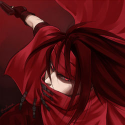 Rule 34 | 1boy, black hair, cloak, final fantasy, final fantasy vii, glaring, gun, headband, covered mouth, long hair, looking at viewer, pafeena, pale skin, red background, red cloak, red eyes, red headband, vincent valentine, weapon