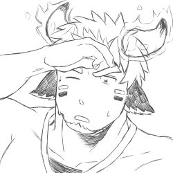 Rule 34 | 1boy, absurdres, animal ears, bara, cow boy, cow ears, cow horns, facepaint, facial hair, fiery horns, forked eyebrows, glowing horns, goatee, greyscale, highres, horns, hot, looking at viewer, male focus, monochrome, one eye closed, portrait, short hair, solo, sweat, tatatan (ts kon2), thick eyebrows, tokyo houkago summoners, upper body, wakan tanka