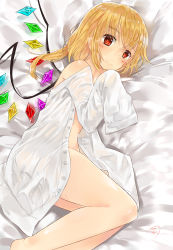 Rule 34 | 1girl, absurdres, alternate costume, bare legs, blonde hair, blouse, bottomless, breasts, flandre scarlet, hair between eyes, highres, looking at viewer, lying, niseneko (mofumofu ga ienai), no pants, on side, open clothes, open shirt, oversized clothes, red eyes, shirt, short hair, side ponytail, sleeves past wrists, small breasts, smile, solo, thighs, touhou, undressing, vampire, white shirt, wings