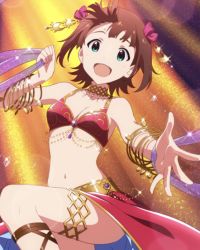 1girl, amami haruka, arms, bangs, bare shoulders, belly dancer, bikini top, bracelet, breasts, brown hair, choker, cleavage, dancing, green eyes, hair ornament, hair ribbon, hands, happy, highres, idolmaster, idolmaster (classic), jewelry, legs, looking at viewer, lots of jewelry, medium breasts, midriff, navel, neck, official art, one leg up, open mouth, pelvic curtain, pose, ribbon, sandals, shiny, short hair, shoulders, solo, sweat, sweatdrops, thighs