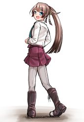 Rule 34 | 1girl, blue eyes, boots, brown footwear, brown hair, cross-laced footwear, from behind, full body, grey pantyhose, hair ribbon, kantai collection, kazagumo (kancolle), kunsei hamu, lace-up boots, long hair, looking at viewer, looking back, open mouth, pantyhose, ponytail, ribbon, school uniform, shirt, solo, standing, twitter username, white shirt