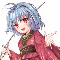 Rule 34 | 1girl, :d, ahoge, arms up, blue hair, hair between eyes, highres, holding, holding needle, ikazuchi akira, japanese clothes, kimono, leaning to the side, looking at viewer, needle, obi, open hand, open mouth, outstretched hand, red eyes, red kimono, sash, short hair, simple background, smile, solo, sukuna shinmyoumaru, touhou, upper body, white background