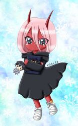 Rule 34 | 10s, 1girl, bandages, black cloak, book, cloak, colored skin, darling in the franxx, doll, eyes visible through hair, green eyes, hiro (darling in the franxx), holding, holding book, holding doll, hood, hooded cloak, horns, long hair, looking at another, oni horns, parka, pink hair, red horns, red pupils, red skin, rirakkumahiroko, solo, aged down, zero two (darling in the franxx)