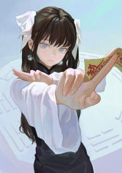 Rule 34 | 1girl, between fingers, black dress, blue eyes, brown hair, closed mouth, dress, earrings, fkey, hair ribbon, highres, holding, jewelry, long hair, looking at viewer, ofuda, ofuda between fingers, original, ribbon, shirt, solo, upper body, white ribbon, white shirt