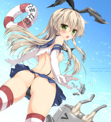 Rule 34 | 10s, 1girl, ameto yuki, anchor, ass, bad id, bad nicoseiga id, black panties, blonde hair, blush, breasts, elbow gloves, exploding clothes, from behind, gloves, green eyes, hair ornament, hair ribbon, highres, kantai collection, lifebuoy, long hair, looking at viewer, looking back, open mouth, panties, personification, rensouhou-chan, ribbon, sailor collar, shimakaze (kancolle), shiny skin, skindentation, skirt, solo, striped clothes, striped thighhighs, swim ring, thighhighs, thong, torn clothes, underwear, white gloves