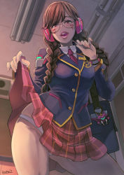 Rule 34 | 1girl, academy d.va, alternate hairstyle, bag, bespectacled, blazer, blouse, braid, brown hair, butcha-u, candy, clothes lift, commentary request, d.va (overwatch), facial mark, flashing, food, food in mouth, glasses, gluteal fold, headphones, highres, holding, holding bag, jacket, lifting own clothes, lollipop, looking at viewer, naughty face, necktie, official alternate costume, open mouth, overwatch, overwatch 1, panties, pink necktie, revision, school bag, school uniform, shirt, skirt, skirt lift, solo, twin braids, underwear, whisker markings, white panties, white shirt