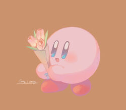 Rule 34 | blue eyes, bouquet, brown background, colored skin, commentary request, english text, flower, highres, holding, holding bouquet, kananishi, kirby, kirby (series), light blush, nintendo, no humans, open mouth, pink flower, pink skin, pink tulip, red footwear, shoes, simple background, smile, solo, tulip