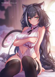 Rule 34 | 1girl, animal ear fluff, animal ears, artist name, backlighting, bad id, bad pixiv id, bare shoulders, bed sheet, black hair, black panties, black thighhighs, blurry, blurry background, blush, bow, breast hold, breasts, cat ears, cat girl, cat tail, closed mouth, clothing cutout, depth of field, feet out of frame, green eyes, hair bow, indoors, karyl (princess connect!), long hair, looking at viewer, low twintails, medium breasts, mitsu (mitsu art), multicolored hair, navel cutout, on bed, panties, princess connect!, purple bow, skindentation, sleeveless, solo, star (symbol), streaked hair, stuffed animal, stuffed toy, tail, thighhighs, twintails, underwear, v-shaped eyebrows, very long hair, white hair