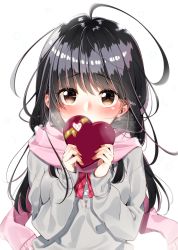 Rule 34 | 1girl, bad id, bad pixiv id, black hair, blush, box, breath, brown eyes, commentary request, covering own mouth, enpera, gift, grey sweater, heart-shaped box, highres, holding, holding gift, long hair, long sleeves, original, pink scarf, red neckwear, sakuragi ren, scarf, snowing, solo, sweater, upper body, valentine, white background