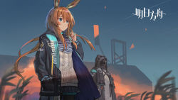 Rule 34 | 1girl, 1other, absurdres, amiya (arknights), animal ears, arknights, black jacket, blue eyes, blue neckwear, blue skirt, brown hair, center frills, commentary request, copyright name, cowboy shot, doctor (arknights), frills, hair between eyes, hand in pocket, hand up, highres, hood, hooded jacket, jacket, jewelry, kryp132, long hair, long sleeves, miniskirt, outdoors, plaid, plaid skirt, pleated skirt, rabbit ears, ring, shirt, skirt, standing, thighlet, white shirt