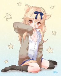 Rule 34 | 1girl, animal ears, arm support, artist name, bad id, bad pixiv id, blonde hair, bow, breasts, cat ears, cat tail, dress shirt, eso (eessoo), gradient background, hair bow, jewelry, long sleeves, looking at viewer, loose thighhigh, necklace, nipple slip, nipples, no shoes, open clothes, open shirt, original, paw pose, shirt, signature, sitting, skirt, sleeves past wrists, small breasts, solo, star (symbol), starry background, sweater, tail, unbuttoned, wariza, yellow eyes