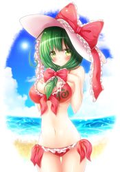 Rule 34 | 1girl, adapted costume, beach, bikini, blue sky, blush, breasts, cloud, commentary request, day, frilled bikini, frilled ribbon, frills, front ponytail, gluteal fold, green eyes, green hair, hands on own chest, hat, hat ribbon, highres, kagiyama hina, large breasts, long hair, looking at viewer, navel, osashin (osada), outdoors, red bikini, ribbon, sky, solo, sun hat, swimsuit, thigh gap, touhou, water