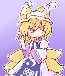 Rule 34 | 1girl, 216, animal ears, blonde hair, blush, closed mouth, dress, ears through headwear, fox ears, fox girl, fox tail, frilled sleeves, frills, gradient background, hair between eyes, hat, holding, long sleeves, looking to the side, mob cap, multiple tails, puffy sleeves, purple background, short hair, simple background, smile, solo, standing, tabard, tail, tassel, touhou, white dress, wide sleeves, yakumo ran, yellow eyes