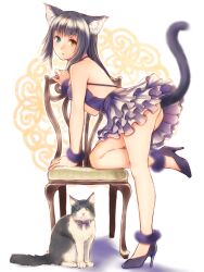 Rule 34 | 1girl, animal, animal ear fluff, animal ears, ankle cuffs, arm support, ass, backless dress, backless outfit, bare back, bare shoulders, black footwear, black hair, blue eyes, bow, bowtie, breasts, cat, cat ears, cat girl, cat tail, chair, clothed animal, dress, from side, full body, fur trim, halter dress, halterneck, hand up, heterochromia, high heels, layered dress, leaning forward, long hair, looking at viewer, looking to the side, matching outfits, medium breasts, on one knee, original, purple bow, purple bowtie, sleeveless, soujirou, standing, standing on one leg, tail, tail raised, white background, wrist cuffs, yellow eyes