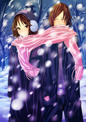 Rule 34 | 1boy, 1girl, brown eyes, brown hair, couple, earmuffs, hat, hetero, red eyes, scarf, shared clothes, shared scarf, short hair, snow, tree