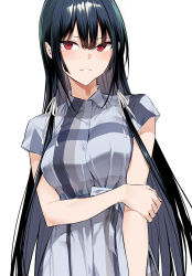 Rule 34 | 1girl, bare arms, black hair, breasts, collared dress, collared shirt, dress, facing viewer, hair between eyes, haitekudasai takamine-san, hand on own arm, highres, hiiragi yuuichi, large breasts, long hair, looking at viewer, open mouth, red eyes, shirt, short sleeves, sidelocks, simple background, smile, solo, standing, takamine takane, upper body, very long hair, white background