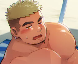 Rule 34 | 1boy, bara, beach, blonde hair, blush, bright pupils, brown eyes, cropped, earrings, facial hair, goatee stubble, half-closed eyes, jewelry, large pectorals, male focus, mature male, muscular, muscular male, nipples, nude, original, paid reward available, pectorals, raised eyebrow, short hair, sideburns, solo, stubble, suv (suv032), sweatdrop, thick eyebrows, undercut, upper body, wavy mouth