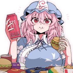 Rule 34 | 1girl, :i, blue hat, blue kimono, blush, breasts, burger, can, churro, closed mouth, doritos, food, formicid, french fries, hair between eyes, hat, holding, holding can, holding food, huge breasts, japanese clothes, kimono, looking at viewer, mcdonald&#039;s, mob cap, monster energy, pink hair, red eyes, saigyouji yuyuko, short hair, simple background, sleeve garter, solo, touhou, triangular headpiece, upper body, white background